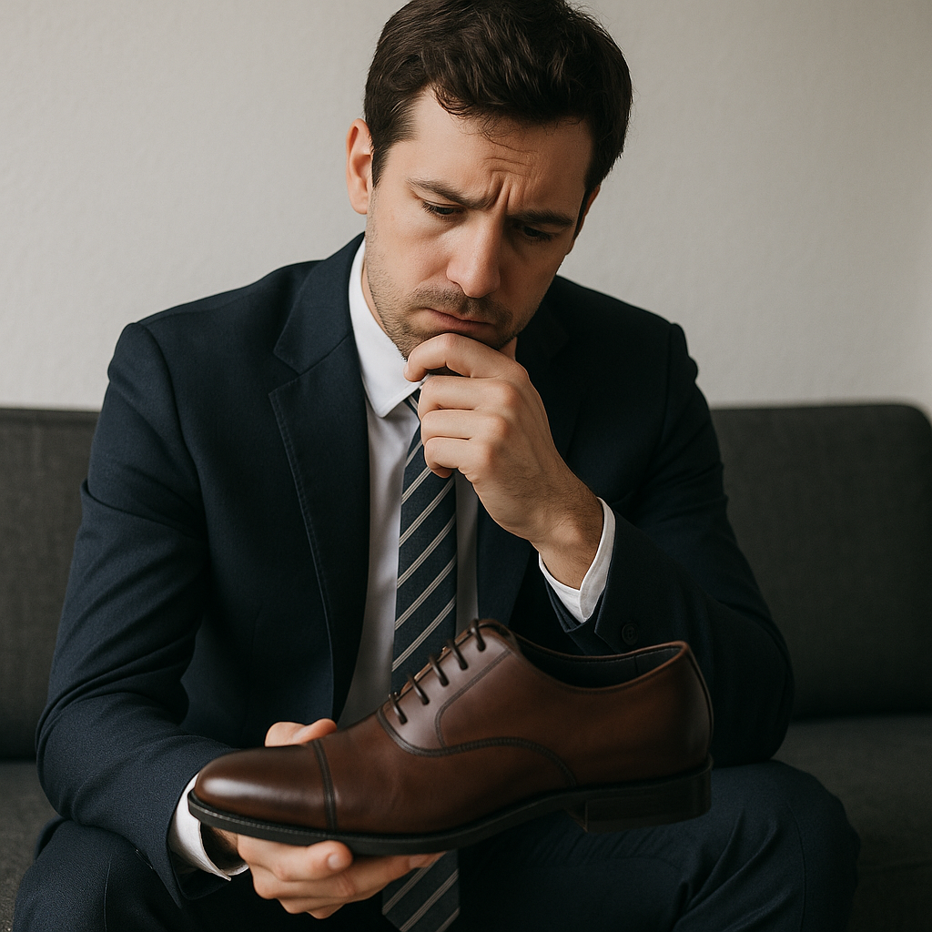 creame una imagen en dnde un hombre mira sus zapatos de vestir y se queda pensando